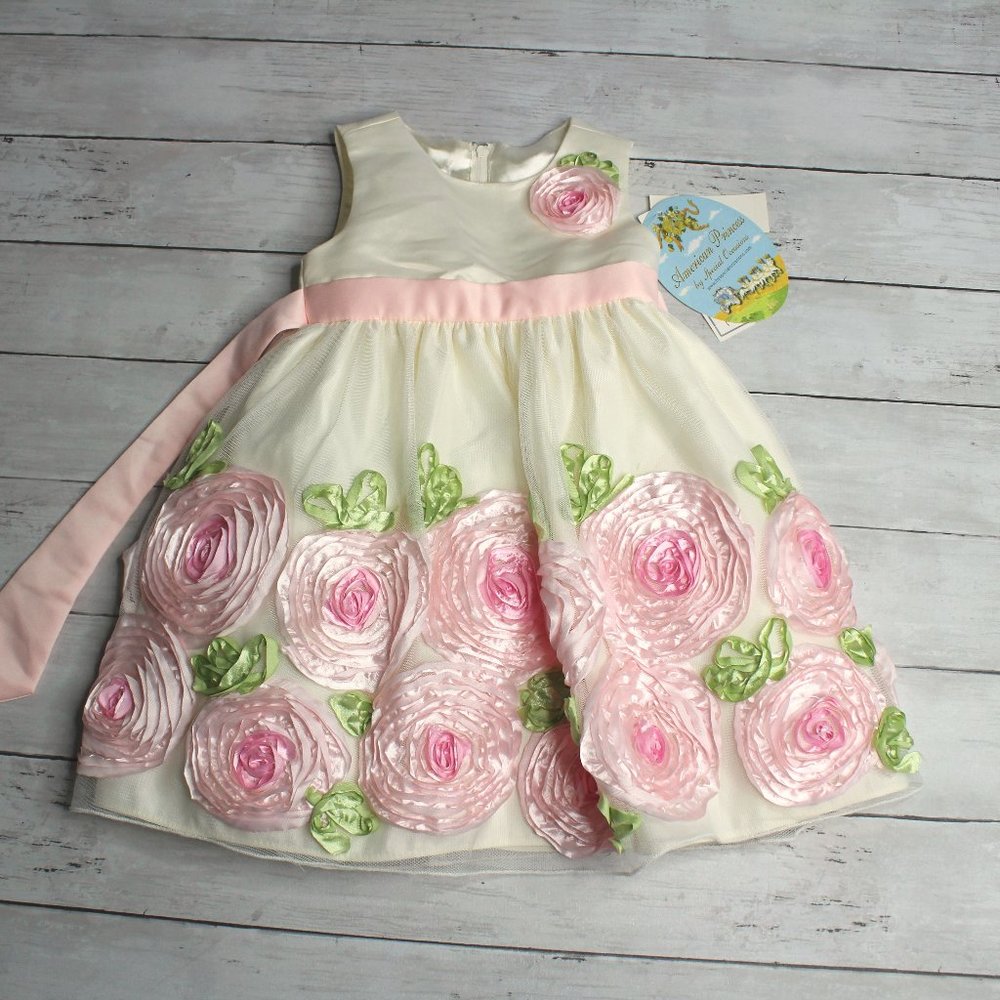 American Princess Girl's Party Dress Size 2T Ivory Pink Rosettes